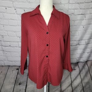 Notations Polka Dot Burgundy Black Button Down Business Top